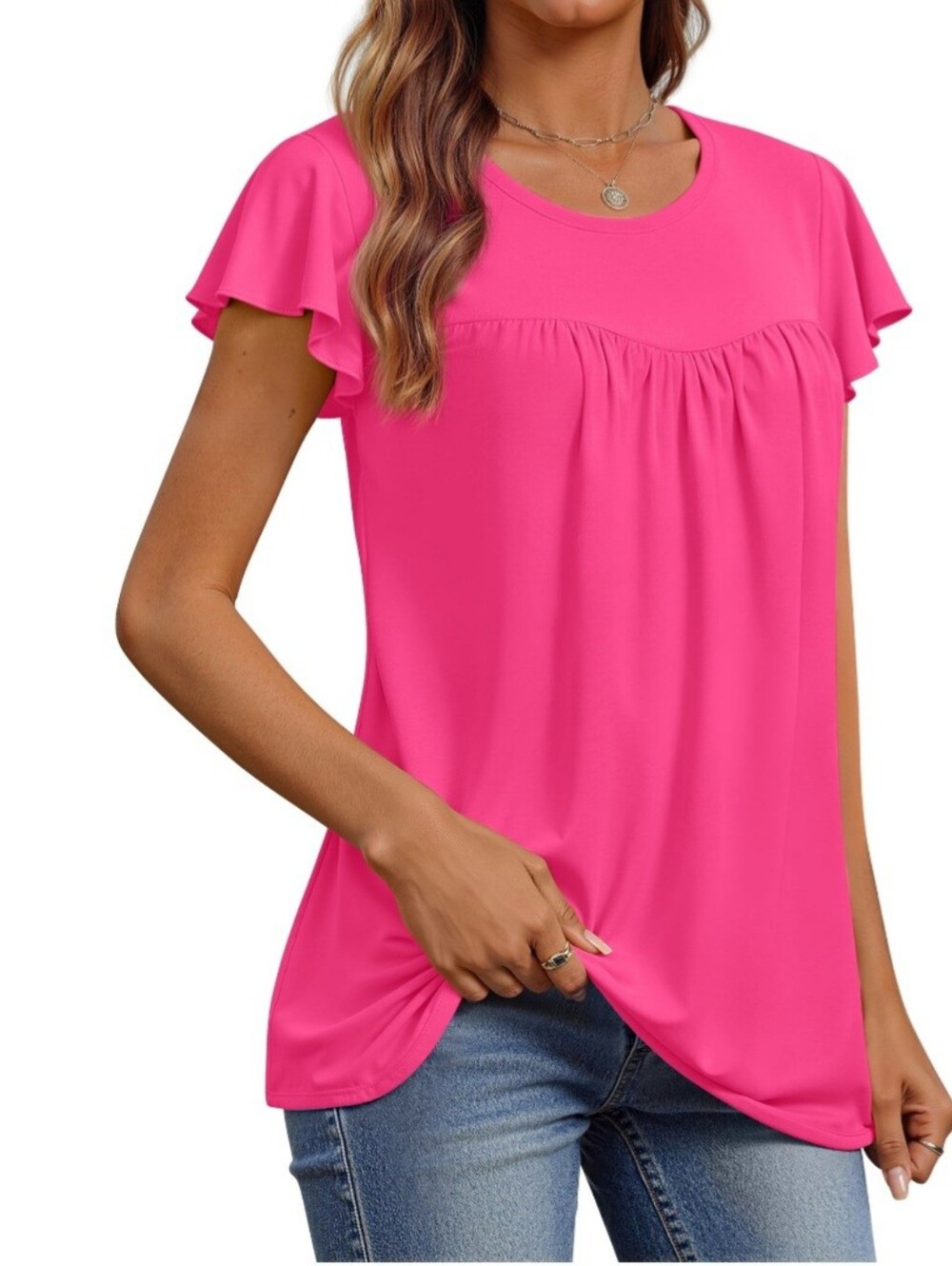 Women’s Flutter Sleeve Pink Top- Full & Plus Sizes - Picture 3 of 7
